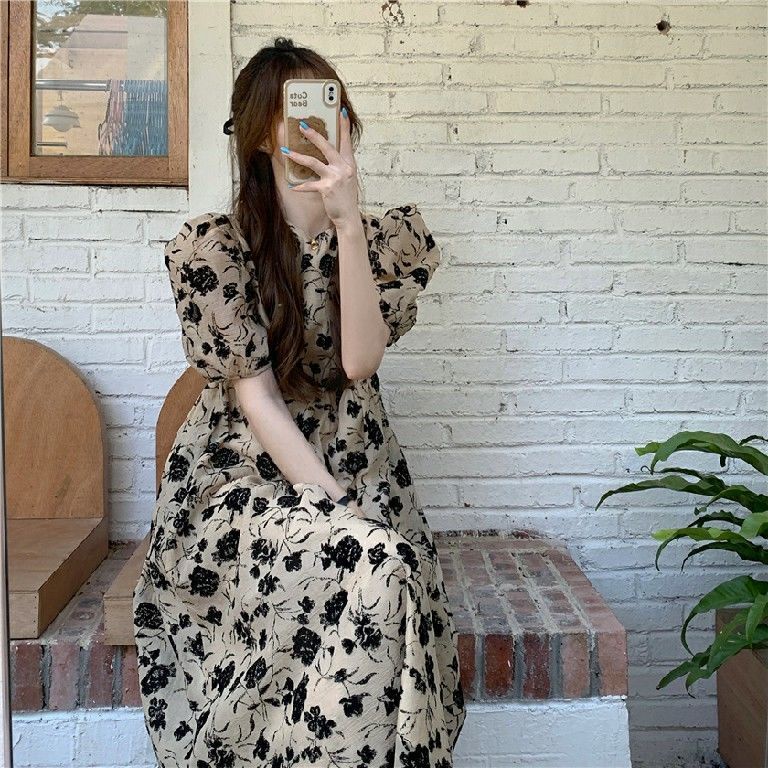 Đầm Dài Tay Phồng In Họa Tiết Hoa Phong Cách Hàn Quốc Cổ Điển Dành Cho Nữ