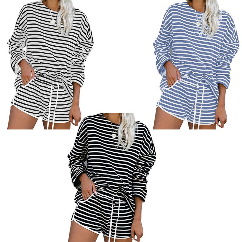 Bộ Đồ Ngủ 2 Món Áo Tay Dài Cổ Tròn Phối Quần Short Dây Rút In Họa Tiết Kẻ Sọc Xinh Xắn Cho Nữ