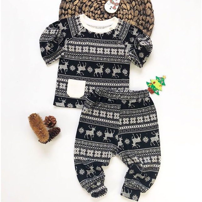 Bộ kaizoo Tay Raglan Cài Bên Thun Cotton Hình Con Nai Đen