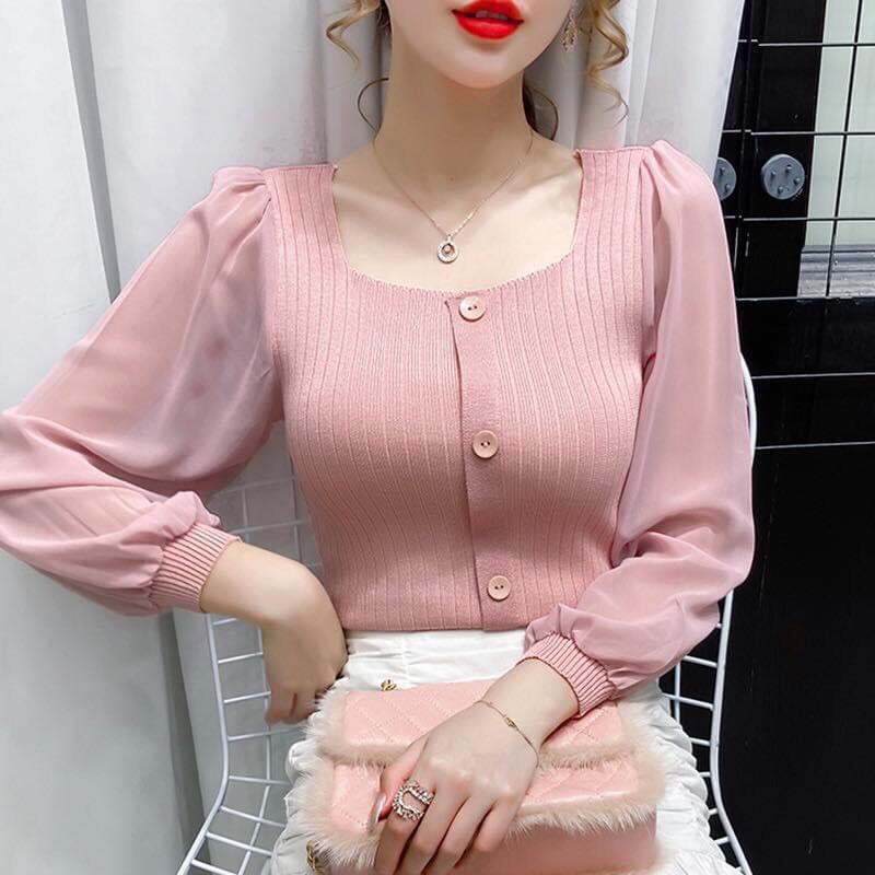 Áo len gân nữ tay phối voan vuông cực xinh kiểu dáng thời trang hot 2021. | BigBuy360 - bigbuy360.vn