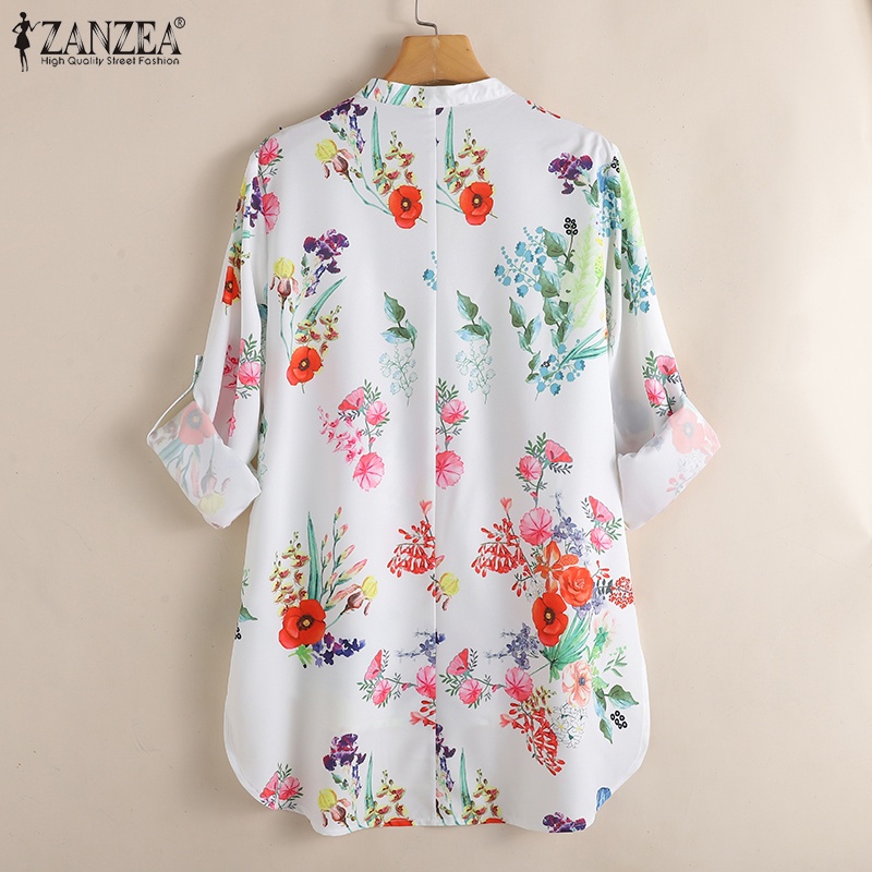 Áo sơ mi ZANZEA tay dài cổ chữ V dáng rộng in hoa vạt thấp và cao thời trang cổ điển cho nữ