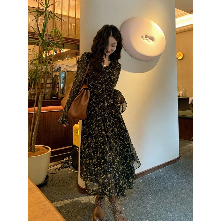 Đầm tay dài cổ chữ v họa tiết hoa phong cách retro thanh lịch nữ tính 46677