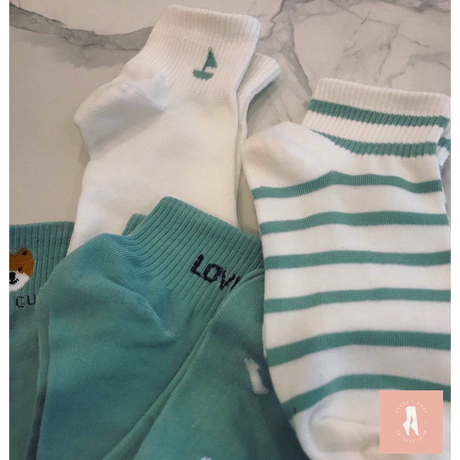 Tất nữ cổ ngắn cute Hàn Quốc set 5 đôi xanh mint CAMILA T11
