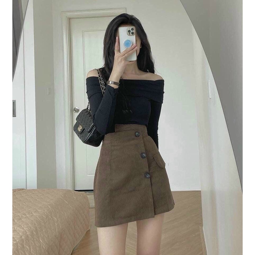 Chân váy nhung tăm 3 khuy chất cạp cao tôn dáng xinh xắn
