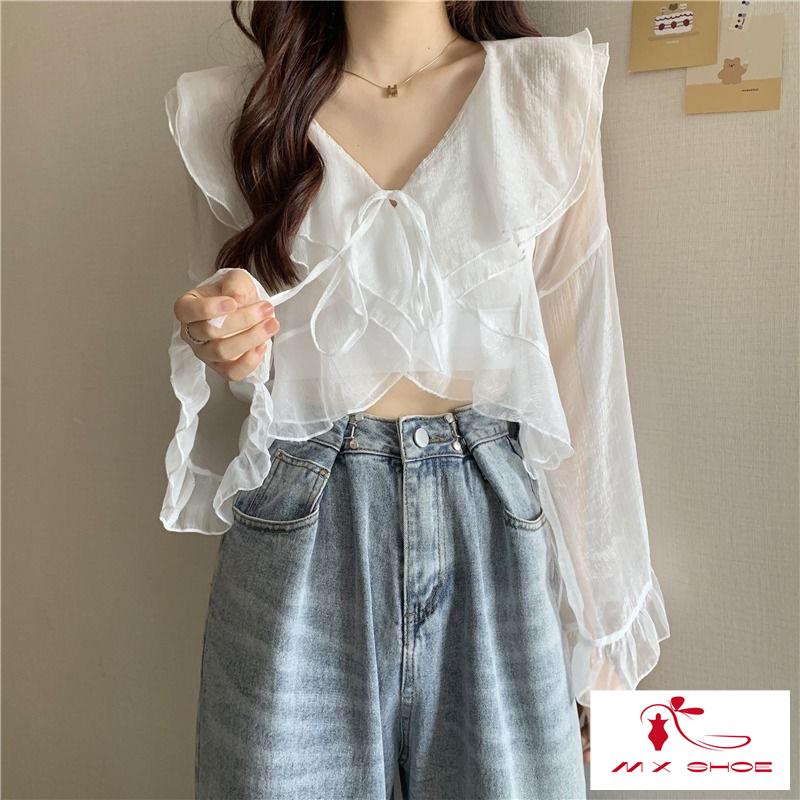 M & X ~  Áo Khoác Cardigan Ngắn Chống Nắng Tay Loe Cột Dây Phối Khăn Choàng Nhỏ Dễ Phối Đồ Ngoài Cho Nữ