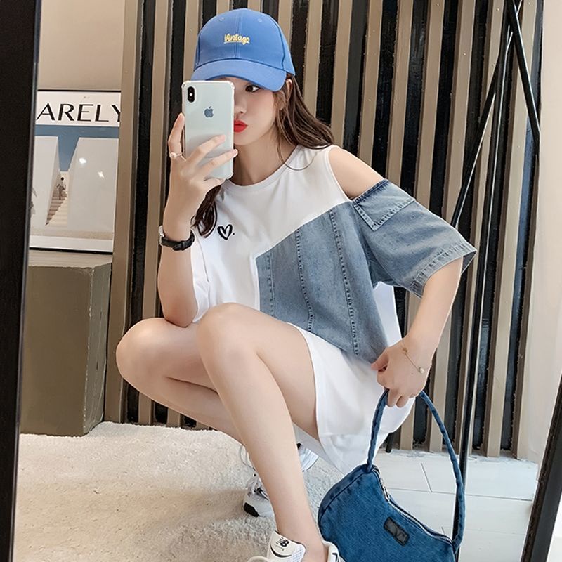 Áo Thun Tay Ngắn Dáng Rộng Phối Vải Denim Thời Trang Quyến Rũ Cho Nữ