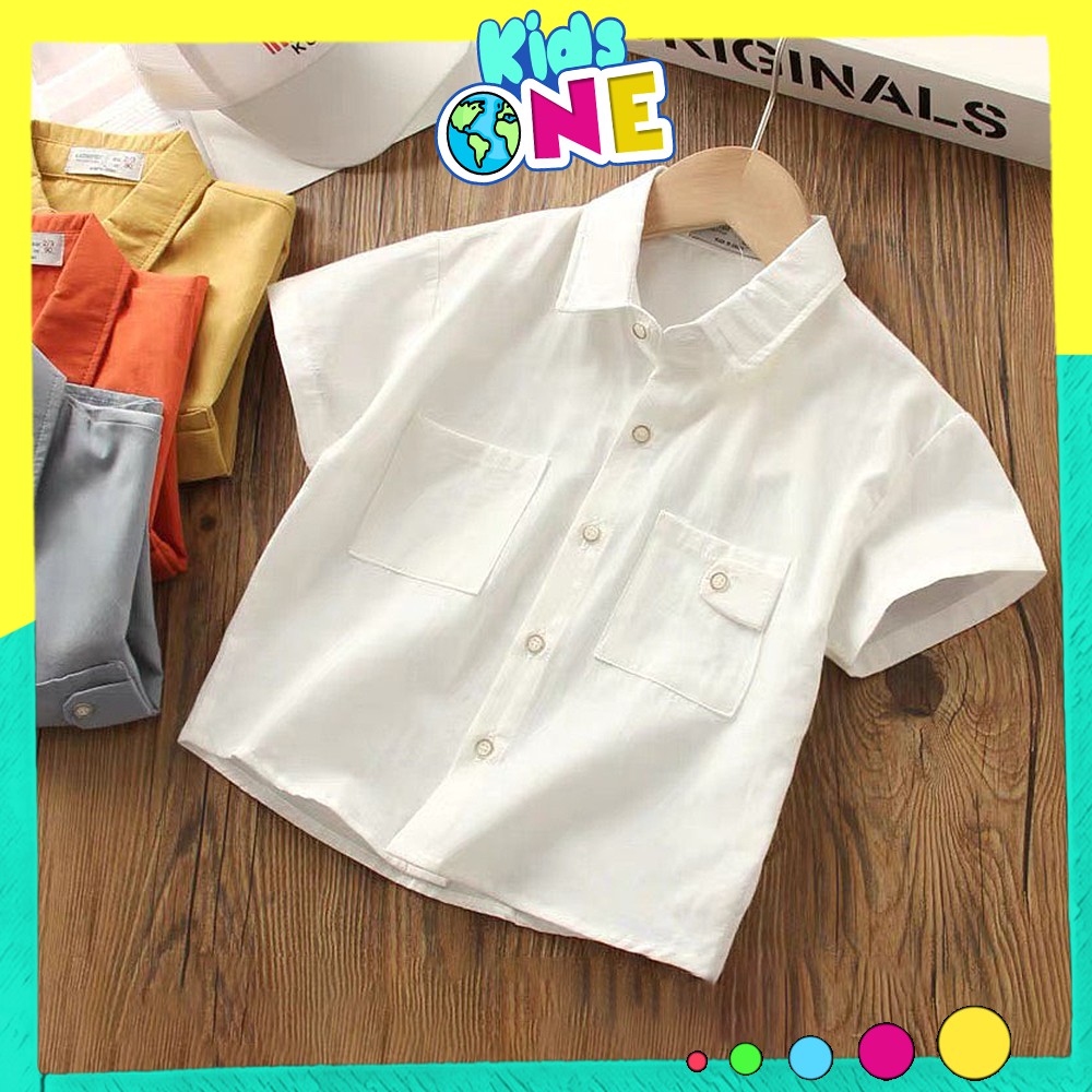 Áo Sơ Mi Bé Trai Bé Gái Tay Ngắn, Sơ Mi Trẻ Em Từ 1 Đến 6 Tuổi Chất Đũi Mềm Kids One Shop Size 8-25kg SM07