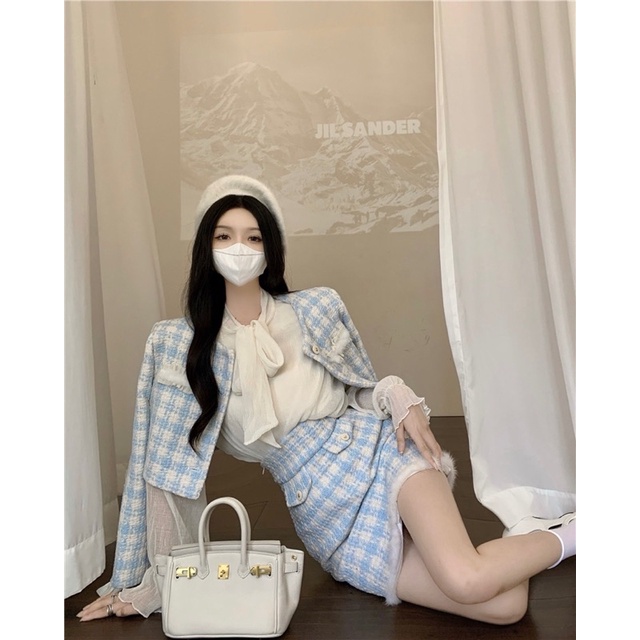 (SẴN) Set dạ xanh da trời kẻ tiểu thư