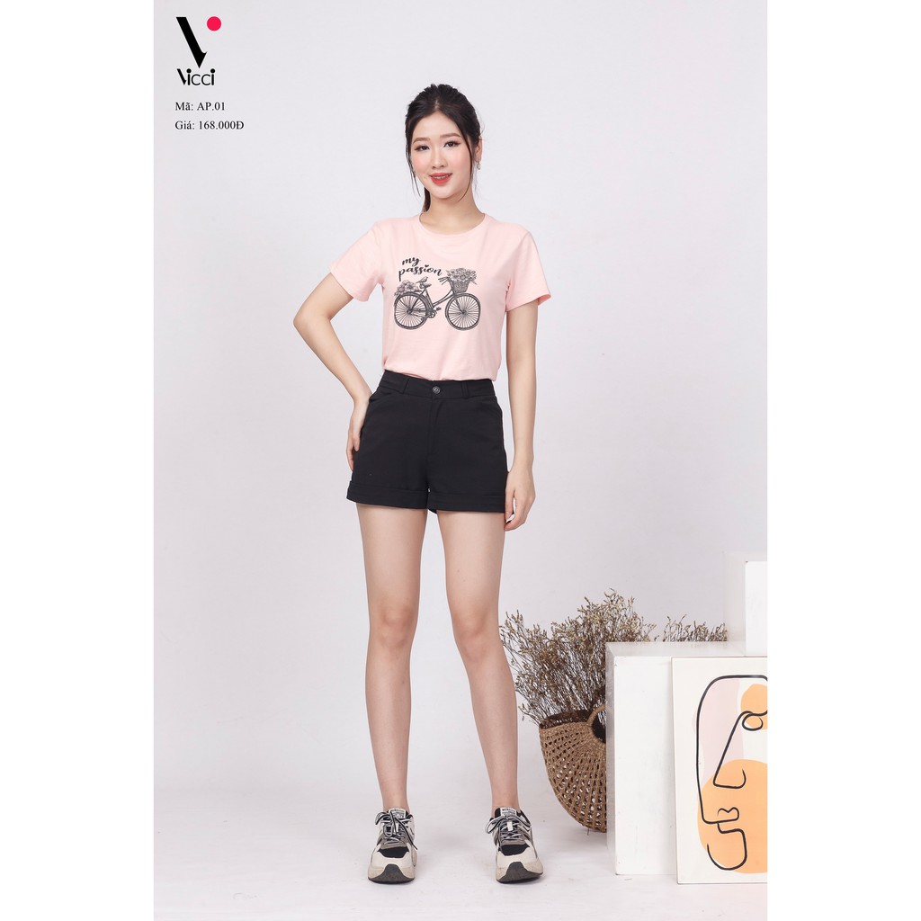 Áo Thun Ngắn Tay, Áo Phông Cộc Tay Vicci AP.01.1 chất liệu cotton vân gỗ phối hoạ tiết hình Xe đạp