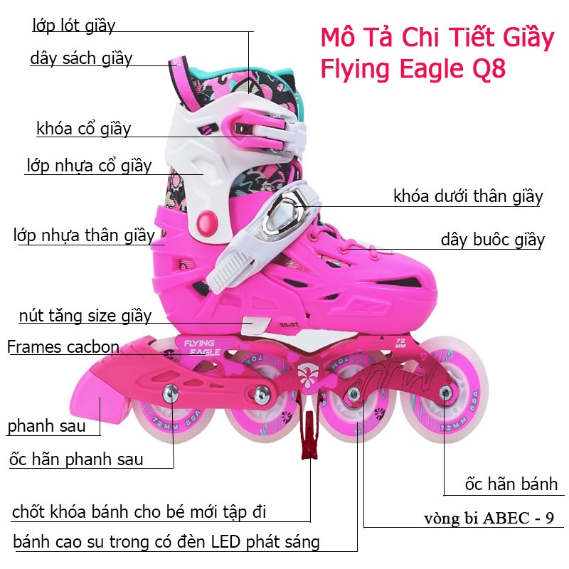 Giày Trượt Patin Flying Eagle Q8 (8 BÁNH SÁNG)MẪU MỚI SIÊU HOT - TẶNG BẢO VỆ CHÍNH HÃNG+ TÚI