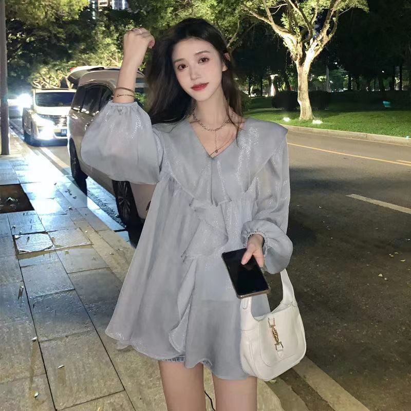 Áo sơ mi voan kiểu tay dài nhún bèo trơn màu thời trang phong cách hàn quốc thu đông cho nữ