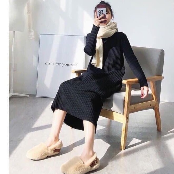Váy len cổ lọ dáng dài , form suông ,tay ôm ♥ Đầm len cổ cao form suông , dài tay basic nữ HOT