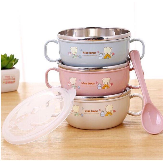 [HCM - SIÊU RẺ] Bát Ăn Dặm Inox 2 lớp Cách Nhiệt Cho Bé Có Tay Cầm Nắp Đậy Kèm Thìa
