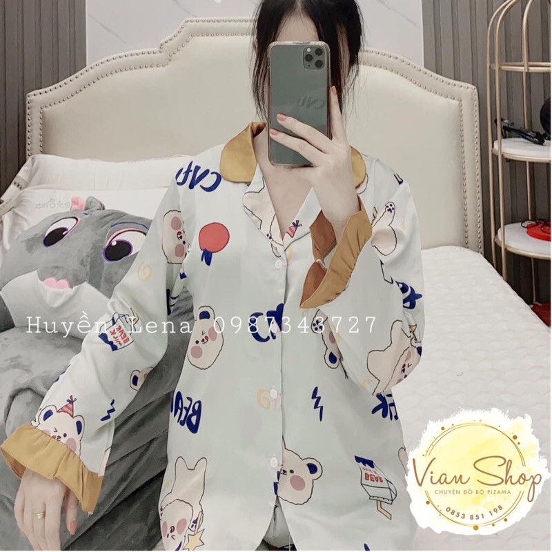 Đồ bộ pijama, bộ lụa satin dài tay viền bèo tiểu thư hoạ tiết gấu xinh