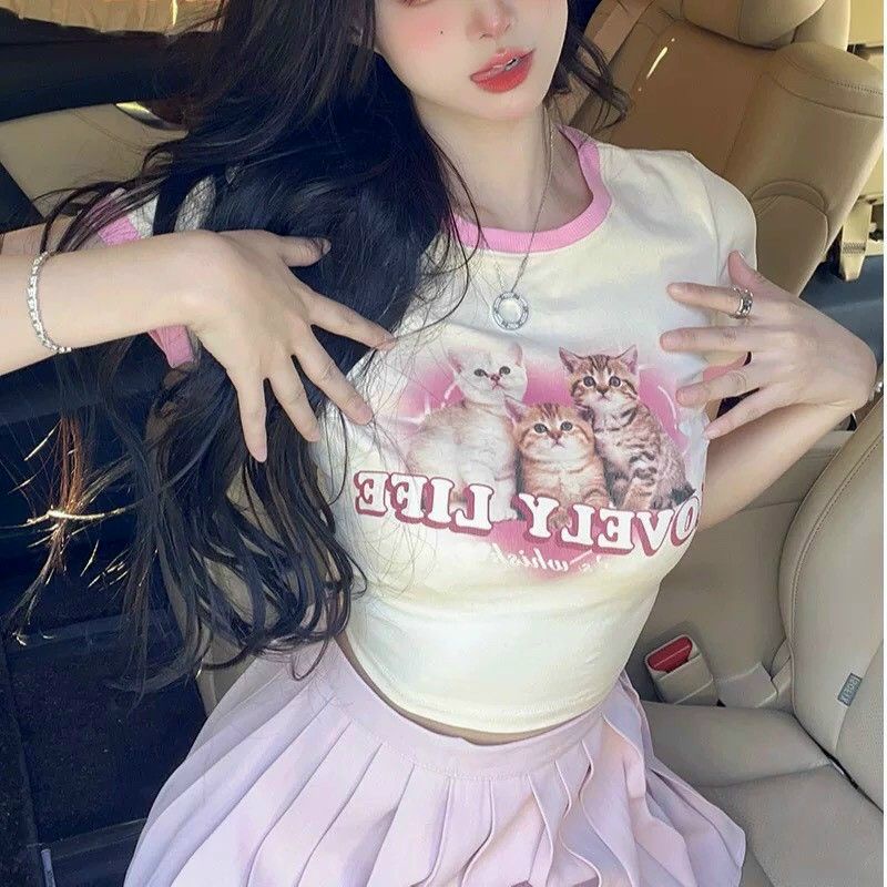 Áo croptopy borip phối viền in mèo cute