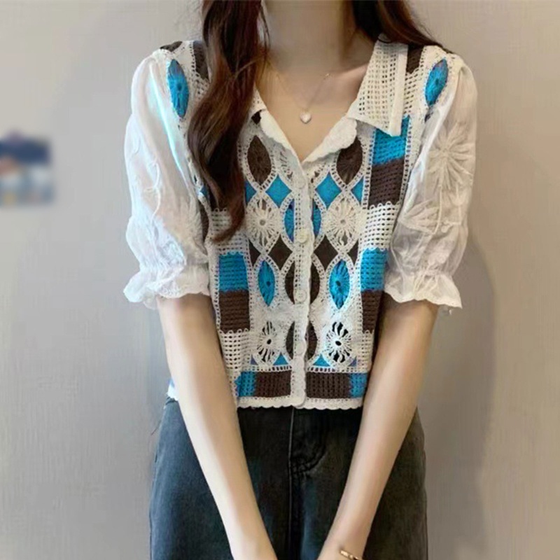 Áo Cardigan Dệt Kim Tay Ngắn Dáng Rộng Thêu Họa Tiết Hoa Đục Lỗ Thời Trang Cho Nữ