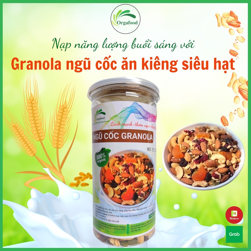 Granola ngũ cốc ăn kiêng siêu hạt không đường giảm cân Orgafood 9 loại hạt cao cấp hũ 500g ăn sáng Eat clean