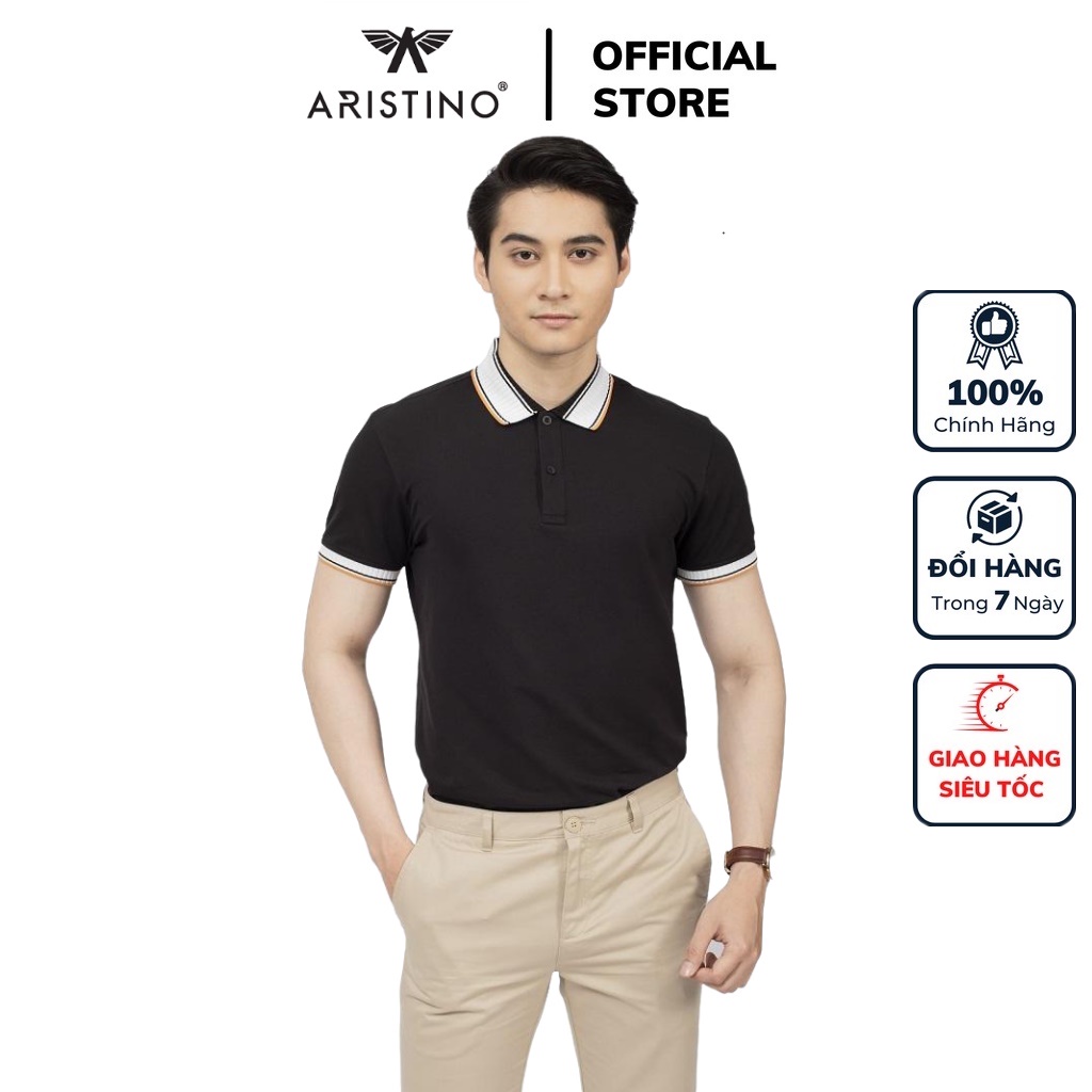 Áo thun polo nam Aristino APS120S2 phông có cổ bẻ dáng suông vừa màu đen phối cổ trắng vải cotton cao cấp mềm mại