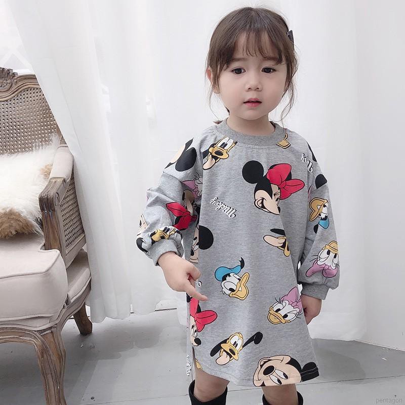 Đầm cotton dài tay , cổ tròn , họa tiết hoạt hình cho bé gái