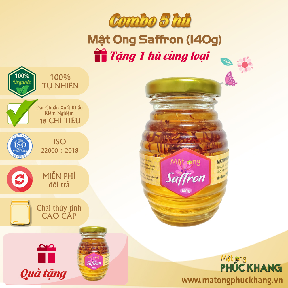 Saffron Iran Ngâm Mật Ong Phúc Khang 140G  - Saffron cao cấp ( Super Negin)  -Combo 5 Hũ thủy tinh an toàn