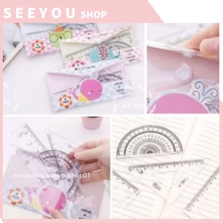 Bộ Dụng Cụ Học Tập Hình Bơ Hoa Cúc Túi Bấm 4 Món Thước Kẻ, Eke, Đo Độ Nhựa Cứng Xịn