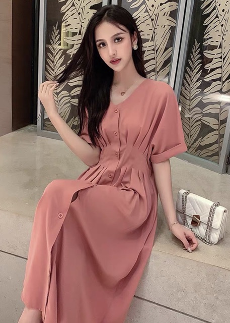 Đầm hồng ruốc xếp li form dài (kèm hình thật) | BigBuy360 - bigbuy360.vn