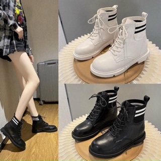 Boot buộc dây cổ len viền sọc dáng boot chiến binh