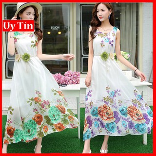 Đầm maxi voan hoa kèm dây thắt lưng DX08 - Đầm suông maxi đi biển, đi dạo phố