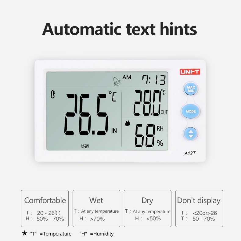 A12T Nhiệt kế LCD kỹ thuật số Nhiệt kế đo độ ẩm Máy đo độ ẩm Đồng hồ báo thức Trạm thời tiết Trong nhà Dụng cụ ngoài trời