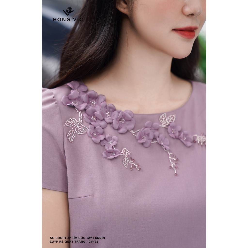 Áo nữ thiết kế Hong Vic croptop tím cộc tay SM259