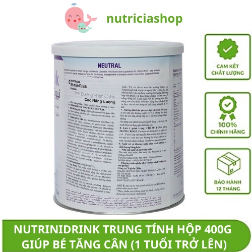 Sữa bột Nutrinidrink Hộp 400gram vị vani, trung tính - Sữa cao năng lượng cho trẻ biếng ăn và suy dinh dưỡng