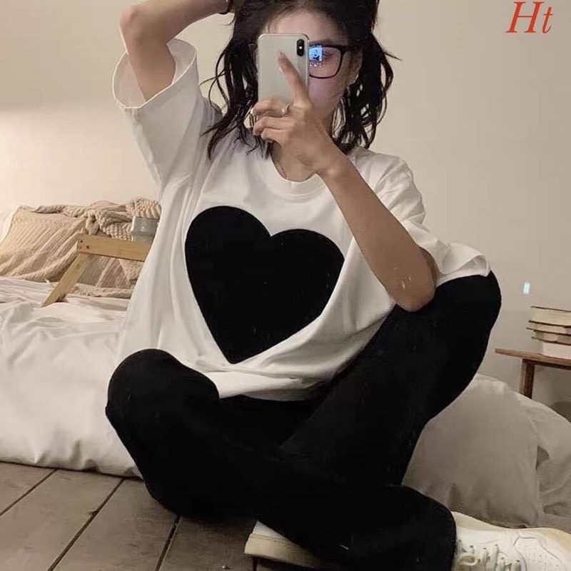 sét áo trái tim quần loe đen HT12