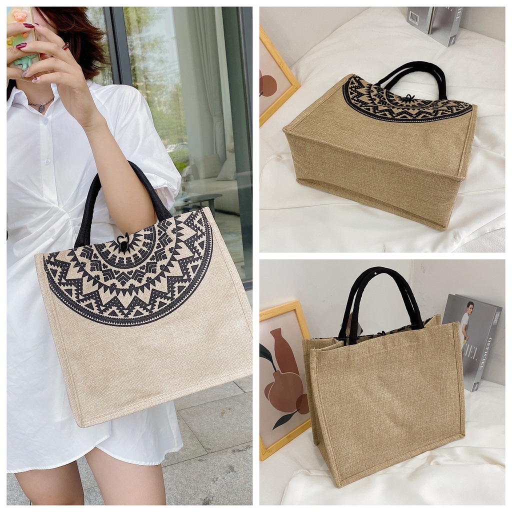 Túi cói đi biển, đi du lịch phong cách Vintage hoa văn trống đồng size lớn