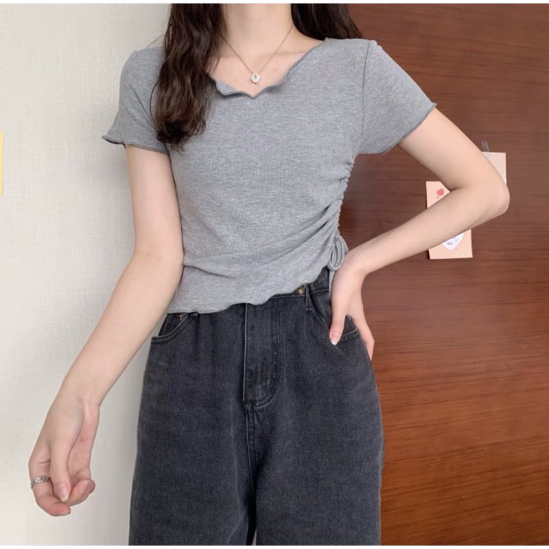 ÁO CROPTOP TAY NGĂN GÂN ÔM BODY CỔ V CUỐN BIÊN