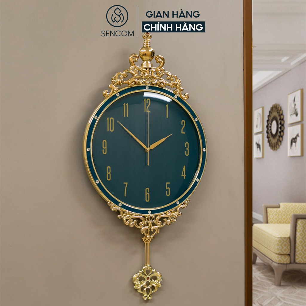Đồng hồ treo tường nghệ thuật SENCOM vương miện xanh phong cách Bắc Âu decor trang trí nhà cửa