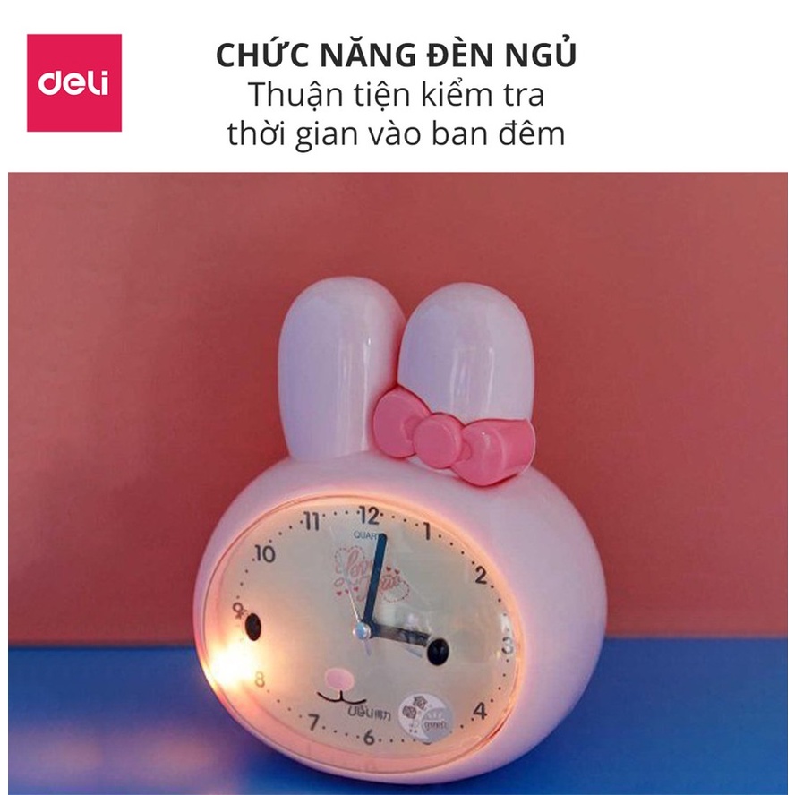 Đồng hồ báo thức để bàn hình con thỏ dễ thương Deli - tích hợp đèn ngủ, phong cách Hàn Quốc 8803 - vpp Diệp Lạc (sỉ/lẻ)