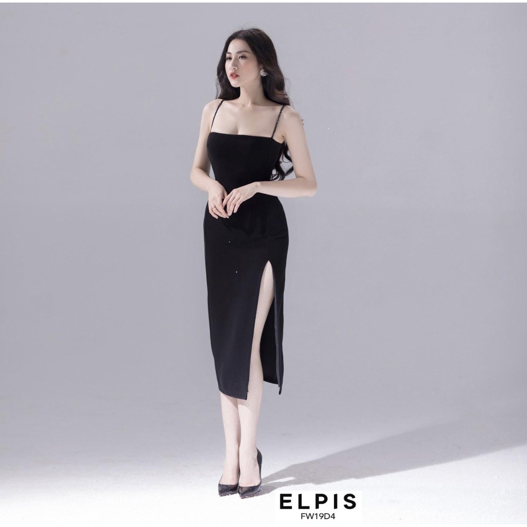 Váy Elpis Đen “dáng dài - 2 dây đính cườm - xẻ tà 1 bên”