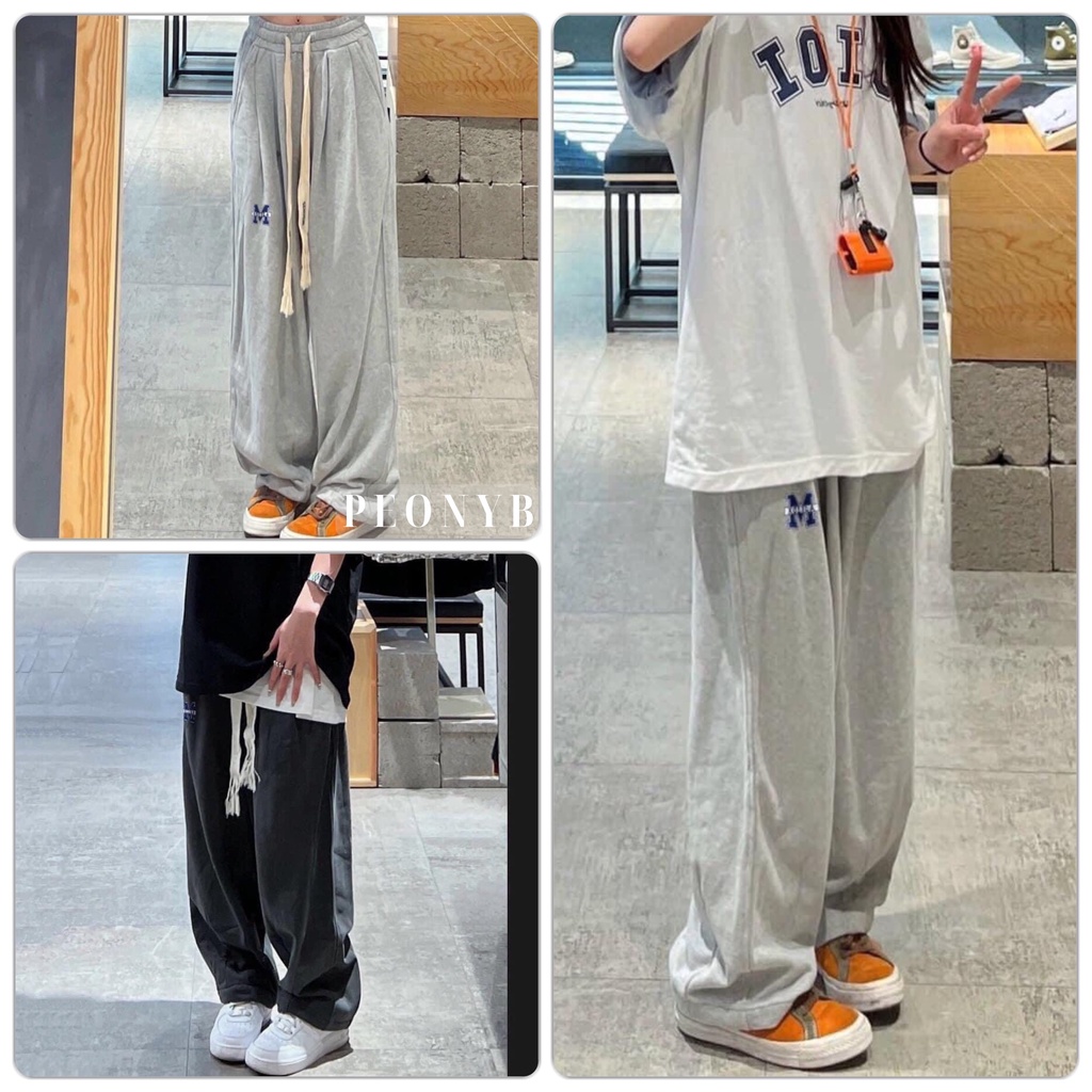 Quần nỉ dài logo chữ M Mnmf Unisex [FREESHIP] Jogger cạp cao suông ống rộng culottes kiểu dáng đường phố peonyb ulzzang
