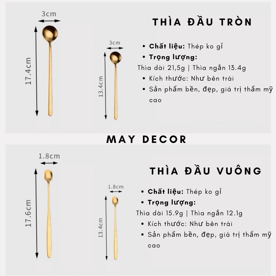 Thìa Vàng Decor Muỗng Cafe Thìa Vuông Sang Trọng | MAY DECOR