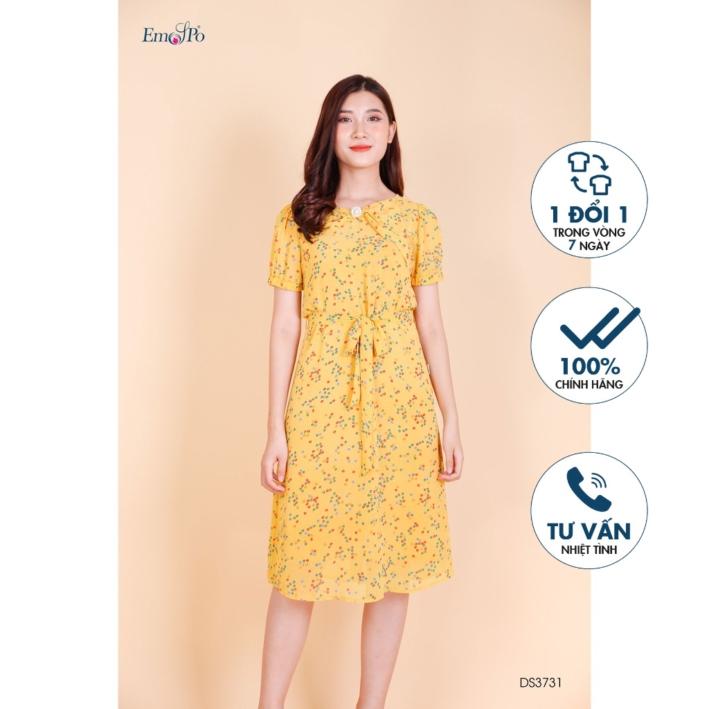 Đầm suông tay bo chun nơ kèm lót hai dây Emspo DS3731 (Be, Vàng)