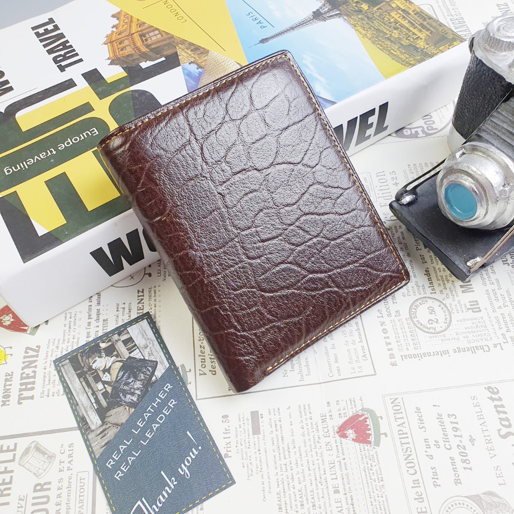 Ví nam da bò vân da voi, Ví đứng nam da thật WS114LEA  - 100% da bò thật, BH 3 năm