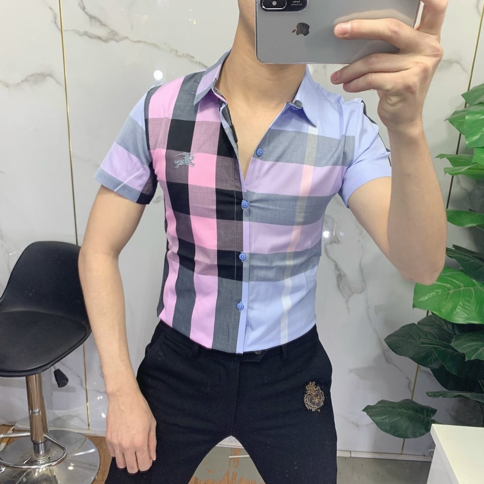 Áo sơ mi bbr nam tay ngắn  kẻ sọc nhiều màu caro chất liệu cotton thoáng mát