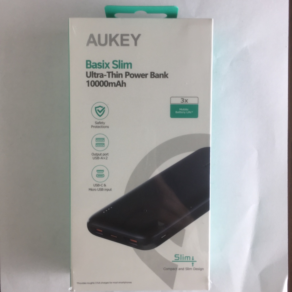 Sạc Dự Phòng Siêu Mỏng 10.000 mAh Aukey PB-N73 1 Cổng Sạc Nhanh Type C 15W, 2 Cổng USB-A - Hàng Chính Hãng