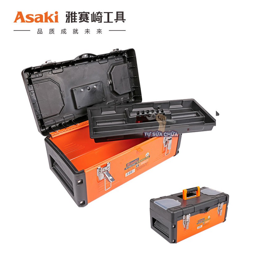 Thùng đựng đồ nghề đế sắt cao cấp chính hãng Asaki siêu bền, 2 ngăn khóa kim loại
