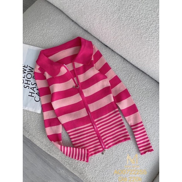 Áo khoác len sọc tay dài dây kéo minie