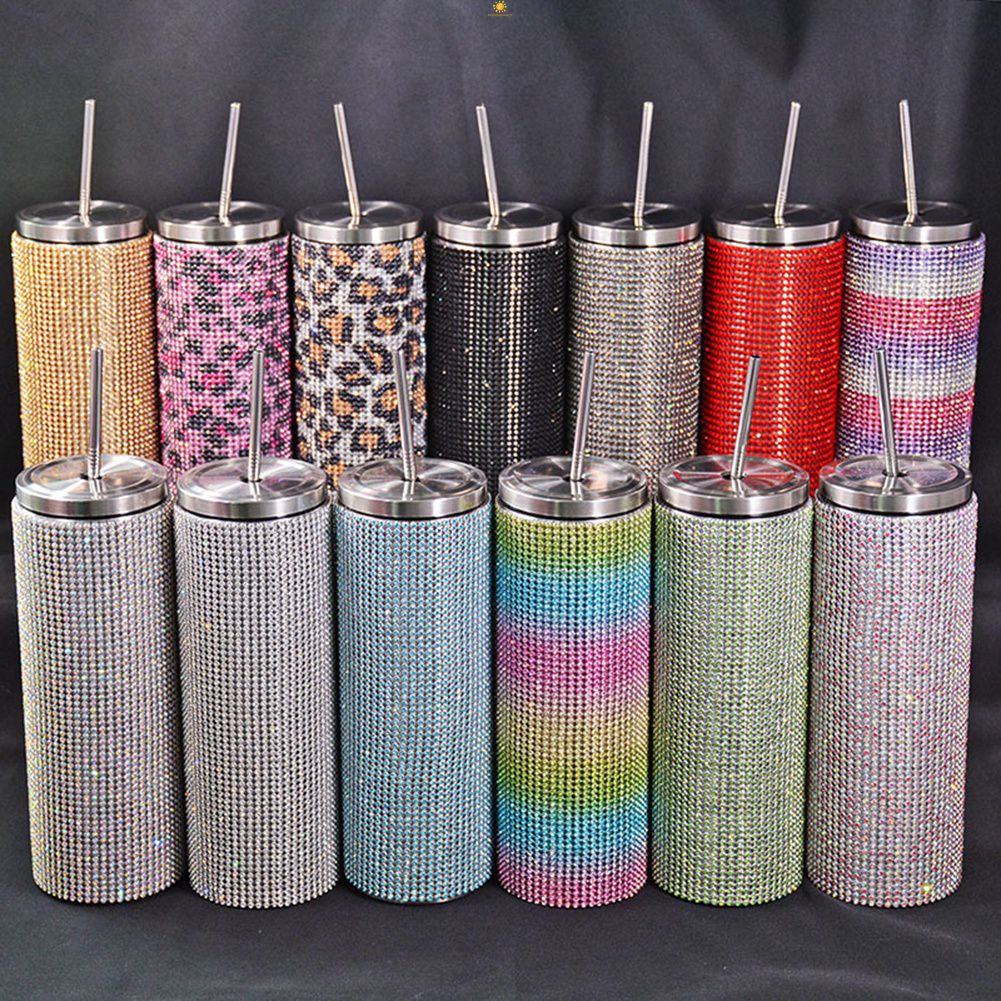 20Oz Kim Cương Bình Nước Ống Hút Cốc Nước Kim Cương Giữ Nhiệt Màu Chân Không Cà Phê Trơn Thời Trang Hình Uống bình Flowerdance