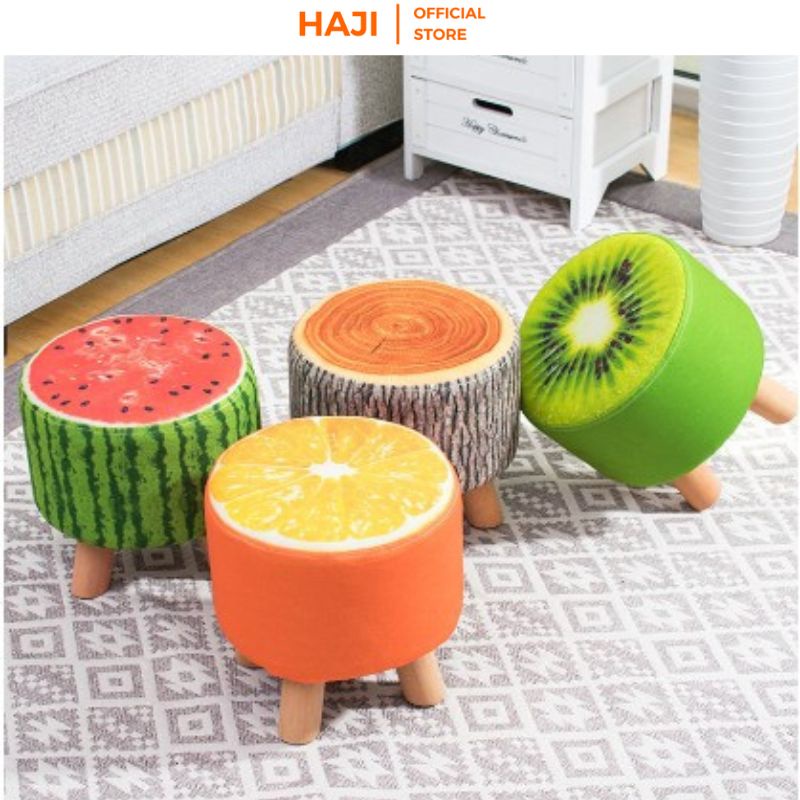 Ghế đôn HAJI chân gỗ sồi chống trầy sàn hoạ tiết trái cây xinh xắn GĐHQ