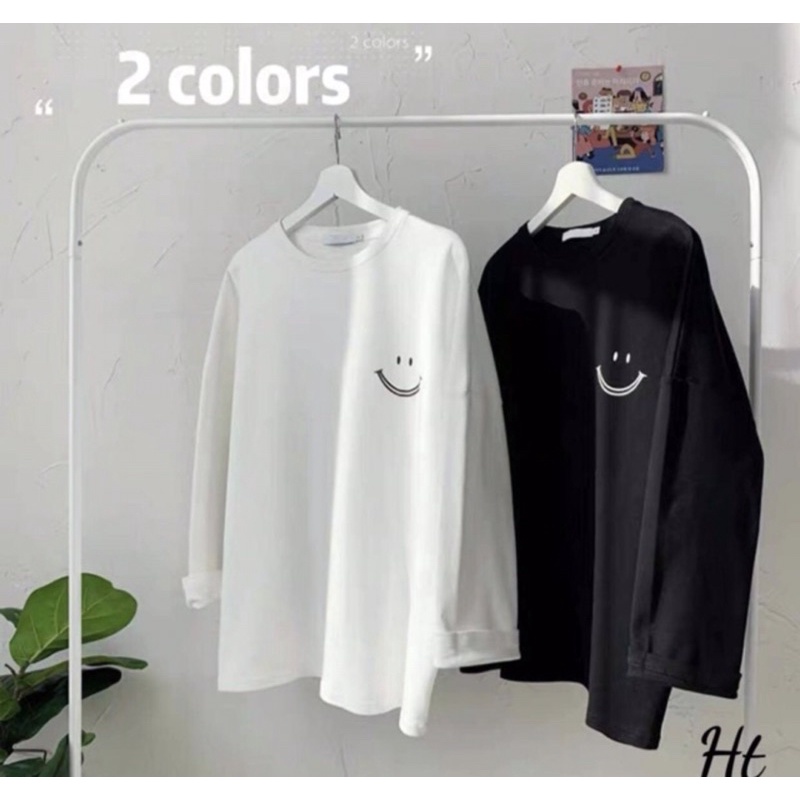 Áo Thun Dài Tay Cổ Tròn Họa Tiết Hình Mặt Cười Phong Cách Trẻ Trung Thời Trang Minishop Unisex Nam Nữ
