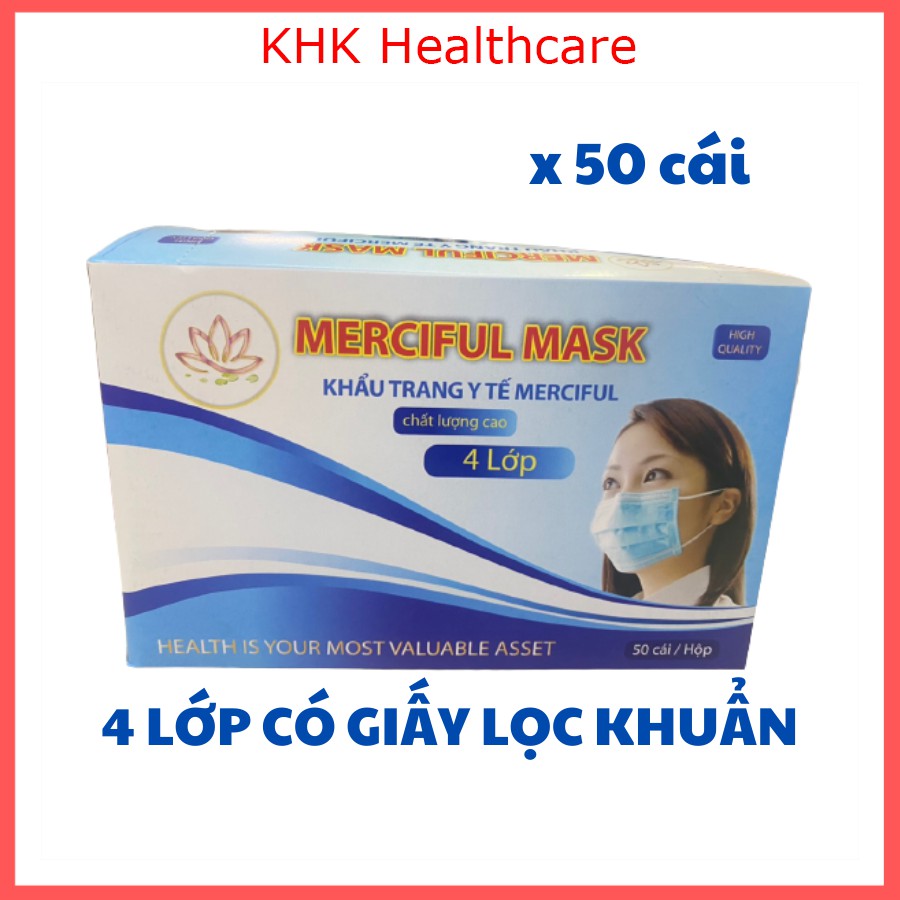 Khẩu trang y tế 4 lớp có giấy kháng khuẩn Merciful hộp 50 cái có giấy chứng nhận chất lượng, sản xuất tại Việt Nam