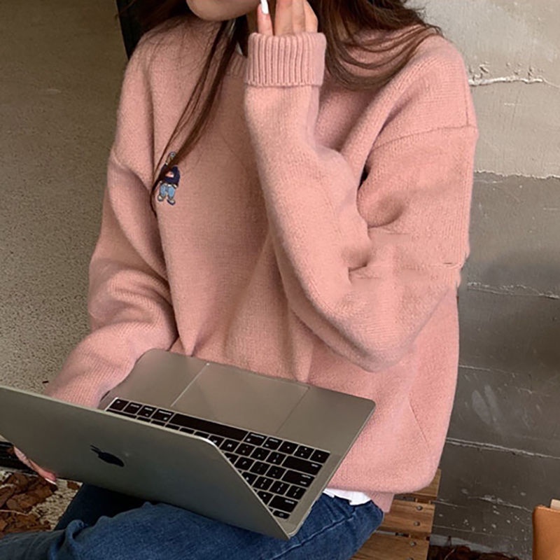 Áo Sweater Dệt Kim Cổ Tròn In Hình Gấu Hồng Thời Trang Mùa Xuân Mới Cho Nữ